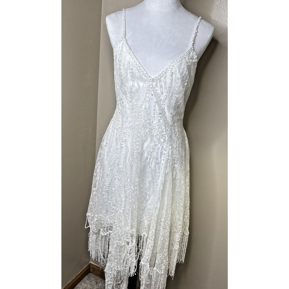 Dreams White Lace Fringe Dress Womens Size 10 Boho Bridal Slip Wedding